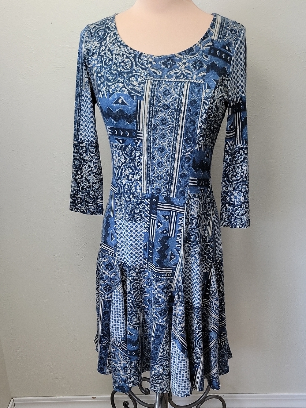 Lauren Ralph Lauren Blue Cotton Mixed-Print Long Sleeve Dress S/M